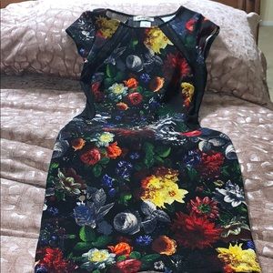 Black floral stretch open knitted back midi dress